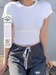 DAZY Camiseta corta de tela sólida, estilo preppy - Blanco - Ver 1