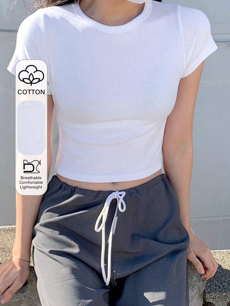 DAZY Camiseta corta de tela sólida, estilo preppy - Blanco - Ver 1