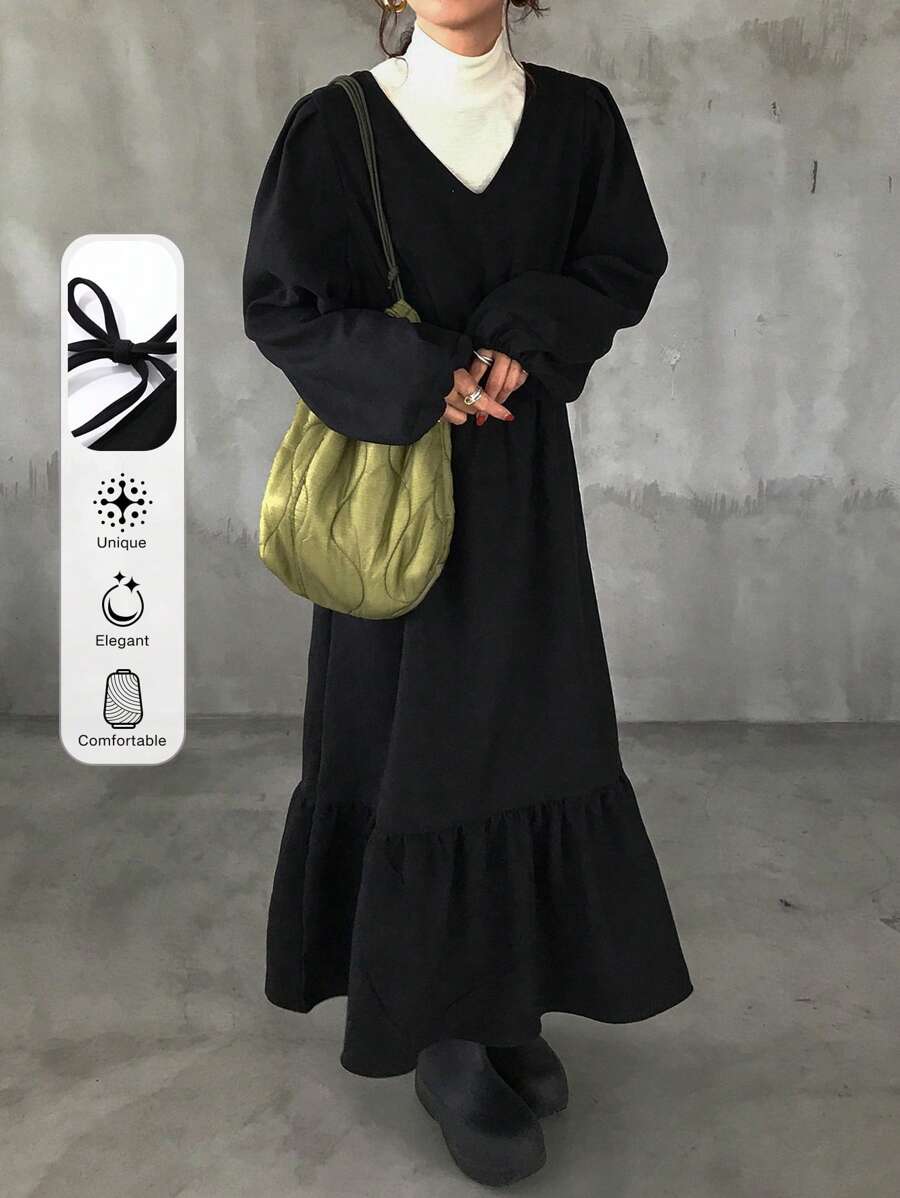 FRIFUL 女式V领荷叶边下摆长袖系腰连衣裙秋冬