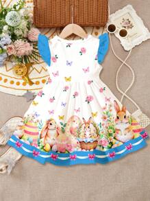 SHEIN Leap Crew Easter Style, Adorable Bunny & Easter Egg Party Pattern Baby Girl Sweet Bow Cartoon Print Long Sleeve Dress, Suitable For Spring/Summer - Multicolor - View 2