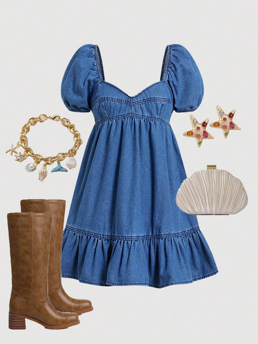 SHEIN MOD 女式泡泡袖牛仔裹身裙，迷你版型，蓝色，女式连衣裙，女式夏季服装，女式商务休闲装，女式优雅连衣裙，女式复活节连衣裙，女式牛仔装，女式音乐会服装，狂欢节服装，圣帕特里克节服装，老钱风格女式，狂欢服装，伊比沙岛服装 - 中等水洗藍 - 查看 1