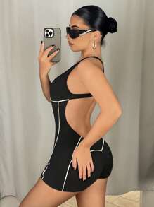 SHEIN ICON 性感露背字母印花连体衣