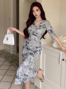 DAZY 女款淺藍色花卉夏季優雅約會洋裝，疊層V領短袖百褶貼身連身裙，生日、跨年舞會、開學季陽光裙 - 黃色 - 查看 3