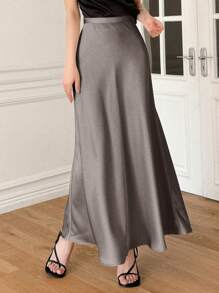 DAZY 女士纯色高腰优雅长款鱼尾裙夏季 - 灰色 - 查看 3