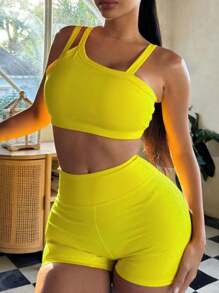 INAWLY Solva Women Solid Color Asymmetric Collar Sleeveless Top & Shorts 2 Pieces Set - Yellow - View 1