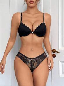 2pcs/Set Women Front Closure Lace Lingerie Bra With Steel Rings - Black - View 4