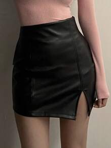 DAZY 女式 PU 侧开衩紧身迷你裙，黑色，四季皆宜，铅笔裙，返校服皮裙秋季