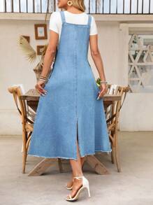 Breezaya Women's Pocketed Frayed Hem Casual Versatile Loose Denim Jumper Dress - Medium Wash - View 2