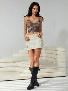 Easelle Top corto tipo camiseta de tirantes con estampado animal y encaje