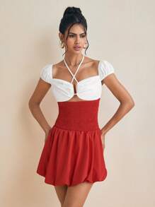HANNA ALEKSANDRA Designer Halter Neck Smocking Puffball Mini Skirt, Concert Outfit