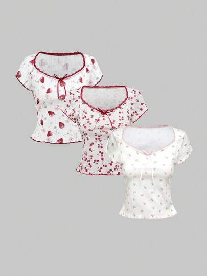 Kawaii Camiseta holgada para mujer con lazo y estampado floral ditsy, de ajuste elástico, para vacaciones y playa