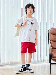 Tween Boy Summer Cute Casual Cartoon Print Round Neck Short Sleeve T-Shirt And Solid Color Shorts Set