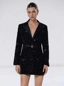 Aveloria Modichic Women's Elegant Waist Cinched Hybrid Material Patchwork Collar Cinched Waist Long Sleeve Sequins Velvet Party Dress Fall Cloth For Women