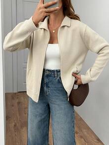 EURMUSE Áo len cardigan cổ polo có túi khóa kéo cho nữ - Màu be - Xem 6