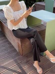 DAZY 纯色纽扣前方领泡泡袖衬衫，娃娃装上衣 - 白色 - 查看 4