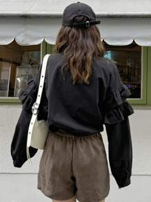 FRIFUL 女式荷叶边宽松圆领衬衫长袖上衣