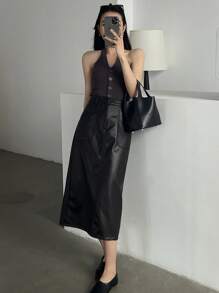 DAZY Solid Color PU Straight Slit Skirt For Women,Pencil Skirt,Fall Clothes Leather Skirt Winter Women Skirts