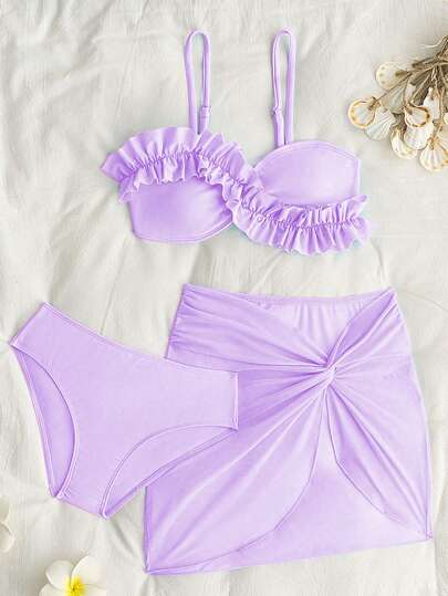 Tween Girl Holiday Beach Solid Color Bikini Set With Twist Front Cover-Up Mini Skirt