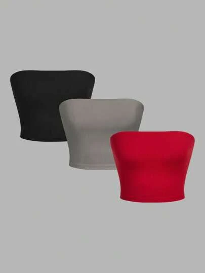 SHEIN EZwear 3pcs Women Tube Top Fitted Casual Blouse, Suitable For Summer Suitable For Going Out