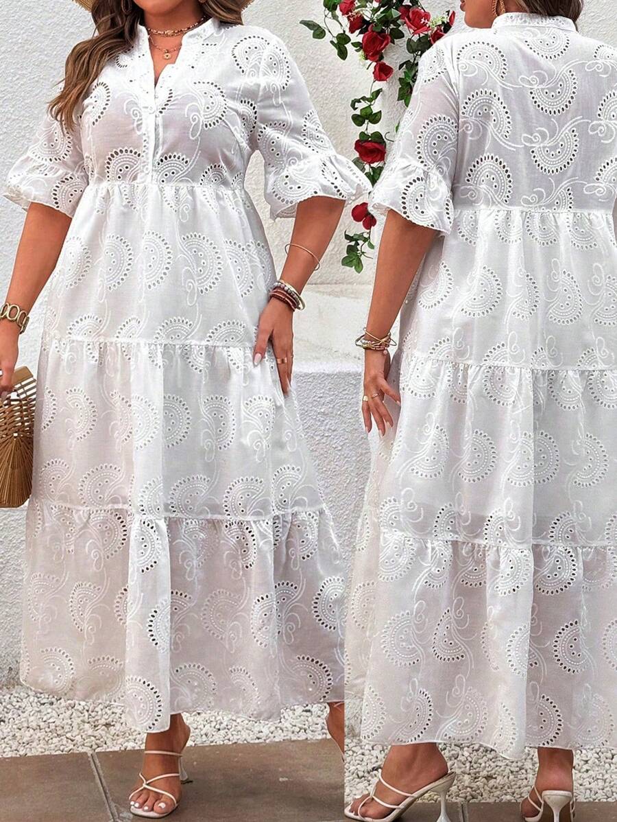 Flirla 法式优雅蕾丝镂空刺绣V领喇叭袖连衣裙，镂空性感度假风 - 白色 - 查看 1