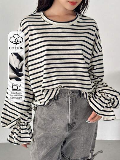 FRIFUL Women's Loose Striped Flare Sleeve T-Shirt Long Sleeve Women Tops