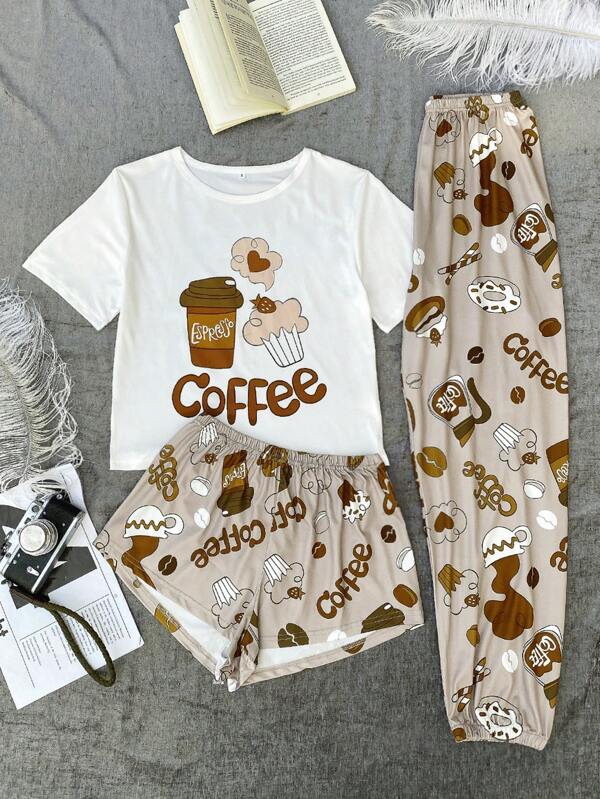 SHEIN Letter And Graphic Print Top & Shorts & Pants PJ Set / Pajama Set