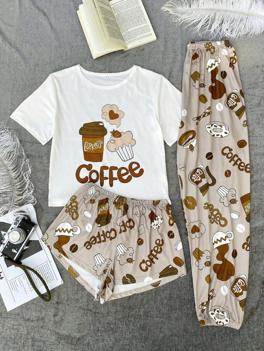 Letter and Graphic Print Top & Shorts & Trousers PJ Set - Multicolor - View 1