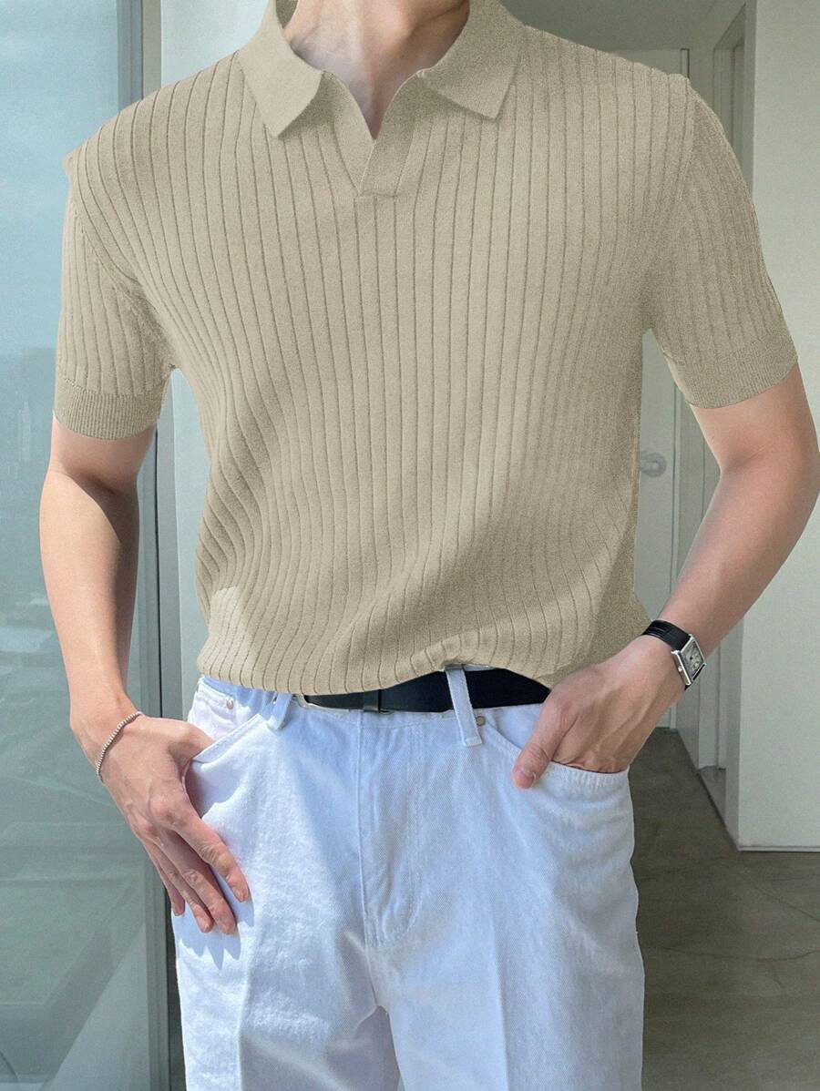DAZY Men's Plain Beige Knit Top, Summer - Khaki - View 1