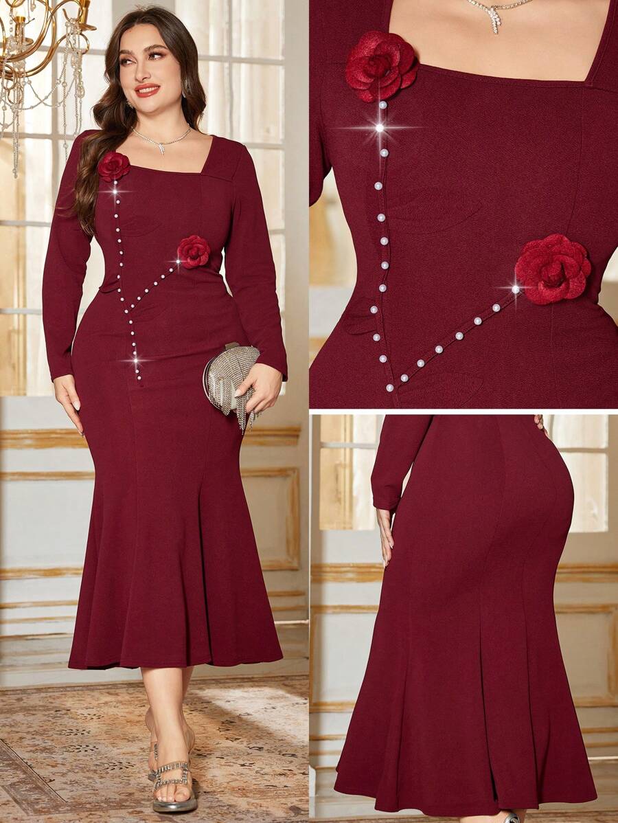 Modelyn Gaun Plus Size Elegan dengan Leher Persegi dan Hiasan Mutiara dan Bunga - Burgundy - View 1