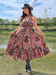 Sunnyshic Plus Size V-Neck Elastic Waist Festival, Boho, Hippie, Cowgirl Style, Old Money Print Chinese Style Fit And Flare Dress, Elegant Loose Cut For Holiday, Date, Party