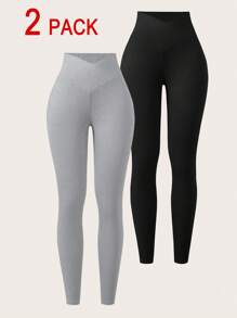 Comfortcana 2pcs Black & Grey Tight-Fitting Plus Size Leggings Set - Multicolor - View 1