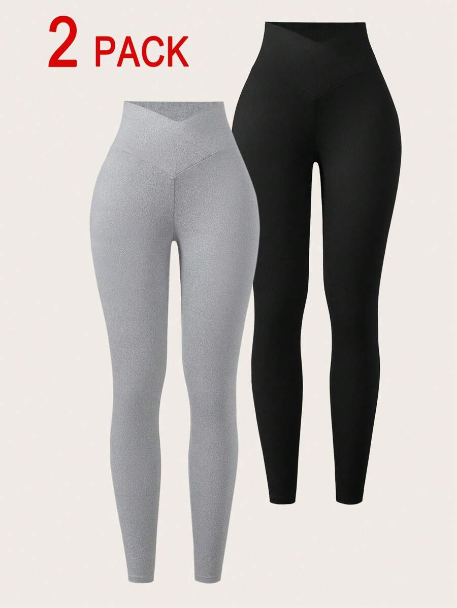 Comfortcana 2pcs Black & Grey Tight-Fitting Plus Size Leggings Set - Multicolor - View 1