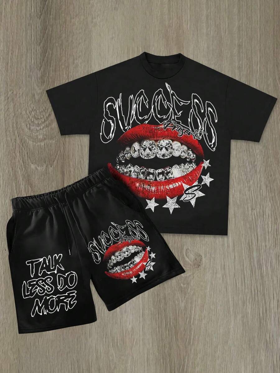 Manfinity EMRG Men's Oversized Graphic Print Round Neck Short Sleeve T-Shirt And Shorts Set, Casual,Men's Black T-Shirt And Shorts Set, With Eye-Catching Red Lips Inlaid With Diamonds And The Word "SUCCESS", Is Fashionable And Street-Style. Suitable For Outdoor Sports Occasions. - Black - View 1