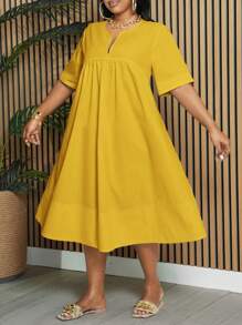 Slaydiva 大码优雅通勤度假休闲宽松纯白色短袖V领A字及膝连衣裙，适合春夏穿着 - 黃色 - 查看 4
