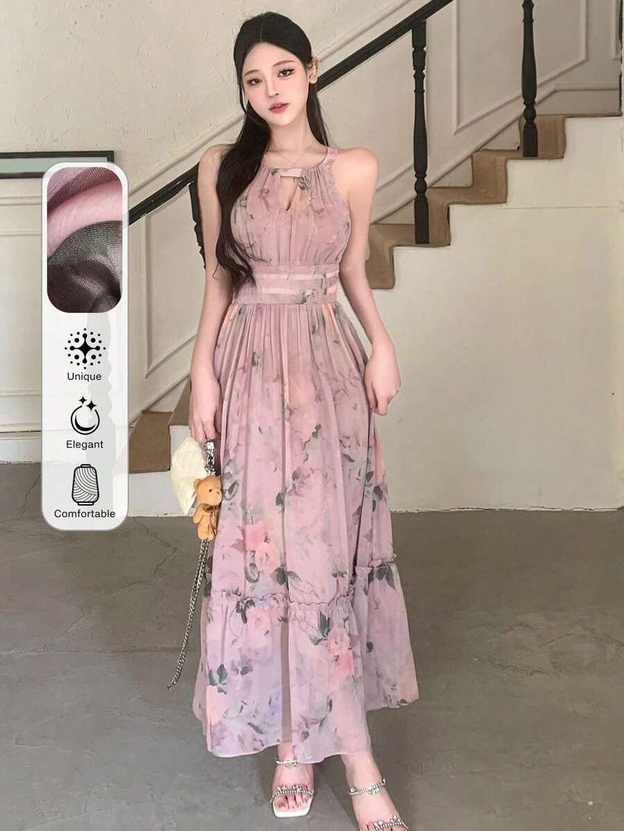 DAZY Đầm nữ dài ngang gối, cổ buộc eo, in hoa. - Màu Hồng baby - Xem 1