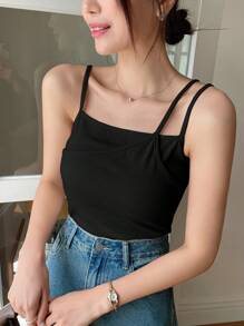 FRIFUL 女士夏季纯色不对称吊带背心 - 黑色 - 查看 6