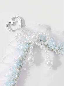 ROMWE Kawaii 1 件优雅时尚手工珍珠蝴蝶结、蓝色蕾丝、网状透明身份证/卡夹、钥匙扣、包包饰品，适合办公室女士、学生、女士、日常穿着和礼物