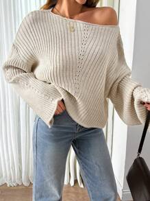 EURMUSE Oversized Strickpullover Damen – Beiger Off Shoulder Sweater Mit Weiten Ärmeln, Cozy Knitwear #BrunchBereit #NeueHerbstmode #MinimalistFashion,Jumper,Cream Jumper,Jumpers For Women,Jumpers,Black Jumper,Womens Jumper,White Jumper,Women's Jumper,Women's Jumpers,Winter Clothes - White - View 4