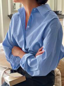 DAZY Damen Bluse für Frühling/Sommer, einfarbig, Langarm, lässig, locker, für Büro - Blau - Übersicht 5