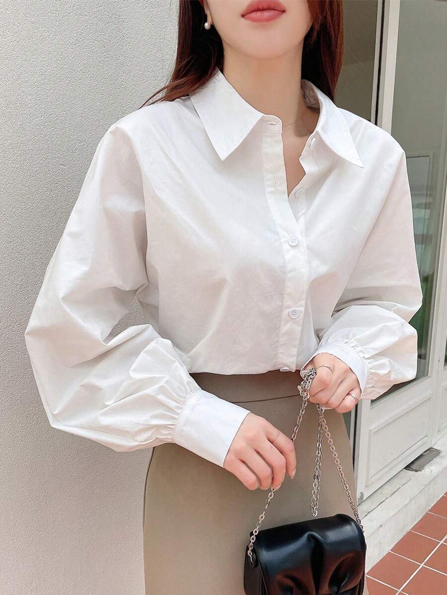 DAZY 女士商务休闲纯色长袖衬衫秋季 - 白色 - 查看 1
