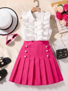 Tween Girl Solid Color Ruffle Sleeveless Shirt & Pleated Mini Skirt Set - Hot Pink - View 1