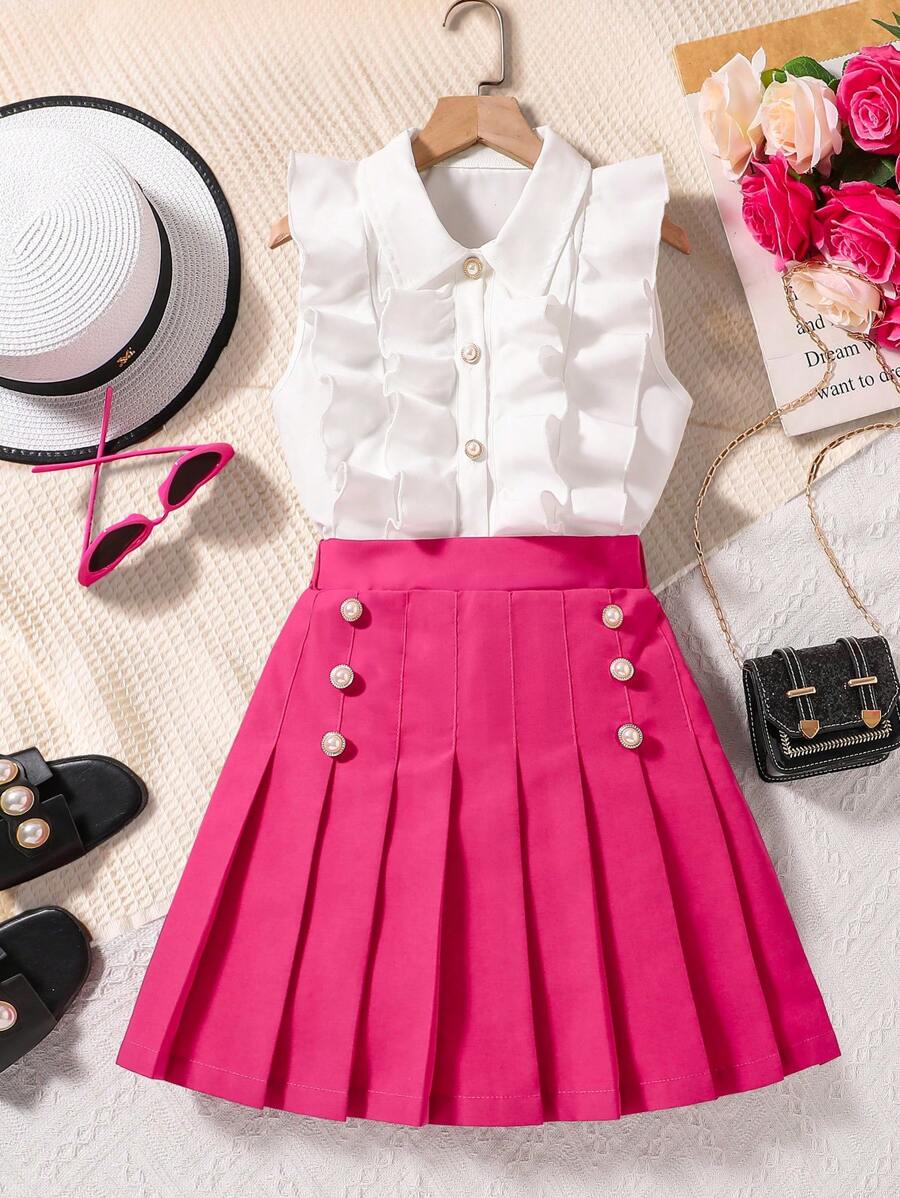Tween Girl Solid Color Ruffle Sleeveless Shirt & Pleated Mini Skirt Set - Hot Pink - View 1