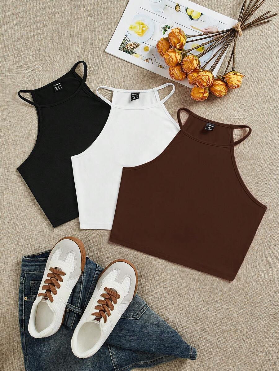 SHEIN EZwear 3 件套女士休闲简约风格吊带背心上衣，适合夏季