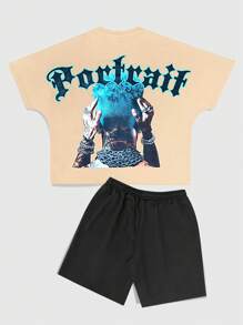 ROMWE MEN Street Life Men's Hip Hop Figure Printed T-Shirt & Shorts Set, Minimalist Fashion Suitable For Summer - Multicolor - View 1