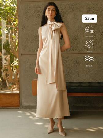 Uhlyne Elegantes Damenkleid ohne Ärmel, Hochzeitsgast Kleid mit Schalkragen und langem Rock