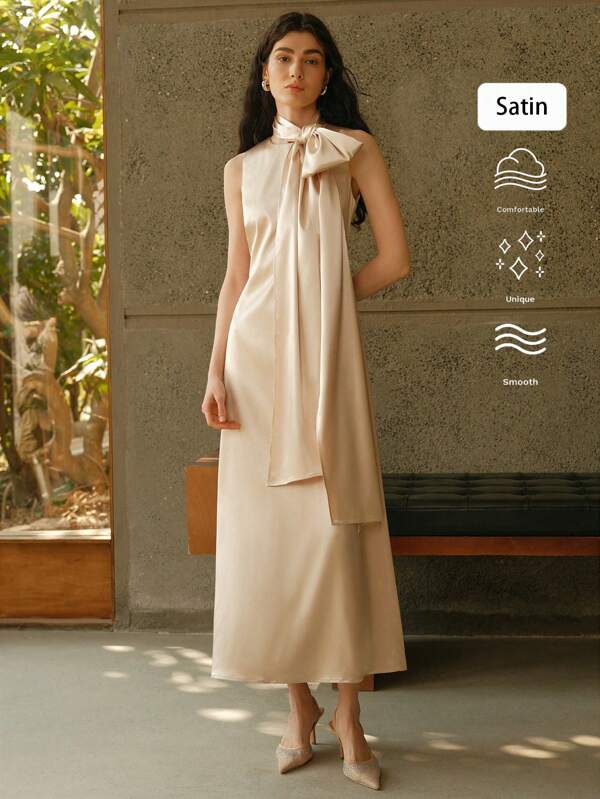 Uhlyne Rochie elegantă fără mâneci pentru femei, rochie lungă cu guler șal pentru invitați la nuntă