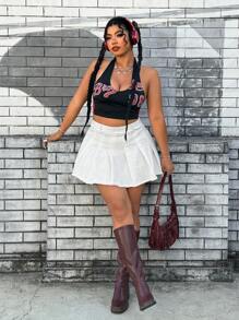 SHEIN ICON 复古水洗纯色牛仔迷你裙，简约时尚，适合夏天 - 白色 - 查看 3