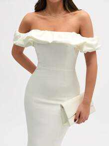 CLARA VERO Two Tones Off Shoulder Ruffle Trim Bodycon Dress, Elegant Dress - White - View 4