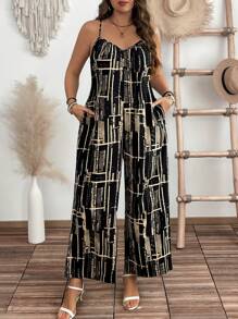 SHEIN Clasi Plus Size Women Geometric Print Sleeveless Loose Flattering Wide Leg Jumpsuit For Summer Vacation - Multicolor - View 2
