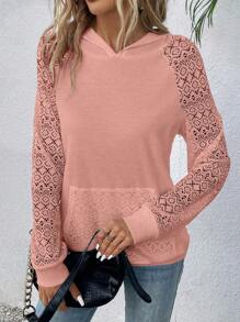 SHEIN LUNE Women's Contrast Lace Raglan Sleeve Hooded Sweatshirt With Pockets, Fashion Graduation,Back To School Outfits,Graduation,Teacher Outfits For Women,Back To School - Pink - View 6